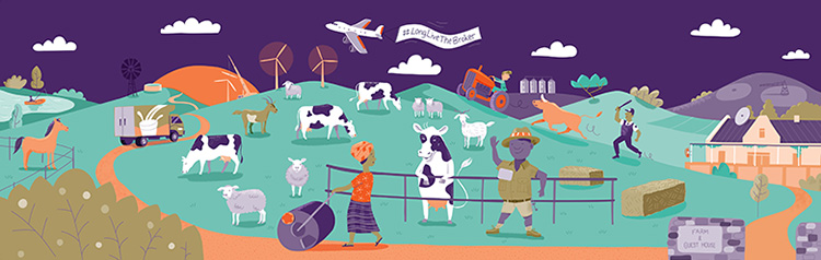 Illustration of a farm with farm animals and working farmers.