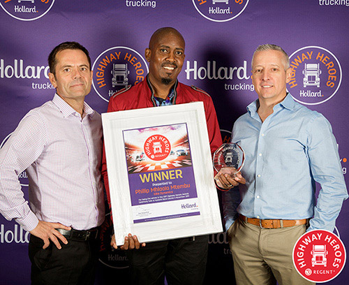 2017 Hollard Highway Heroes Winner Philip Mtembu pictured with Wayne Rautenbach (left) and Paul Dangerfield (right).