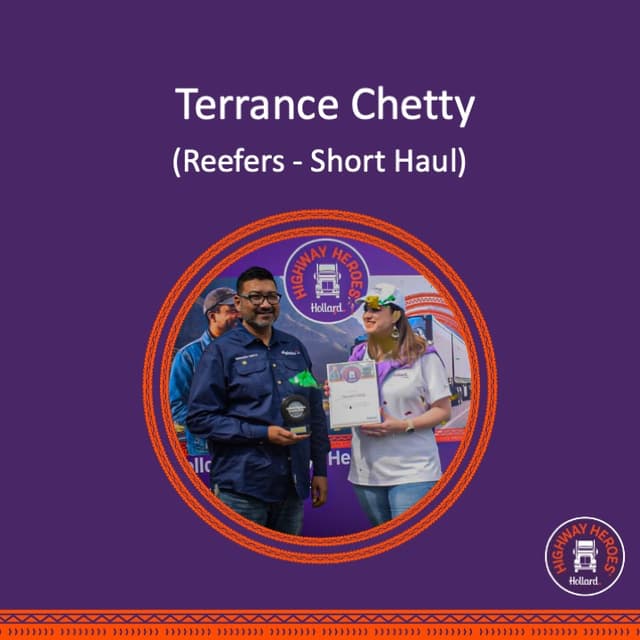 Terrance Chetty, Reefers Short Haul July winner, receiving his Hollard Highway Heroes award