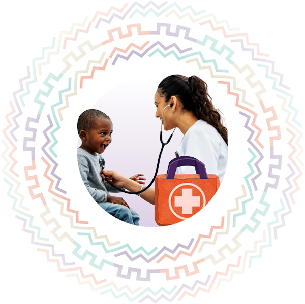 Healthcare professional examining a child with medical kit illustration, representing Hollard Accident and Health insurance.