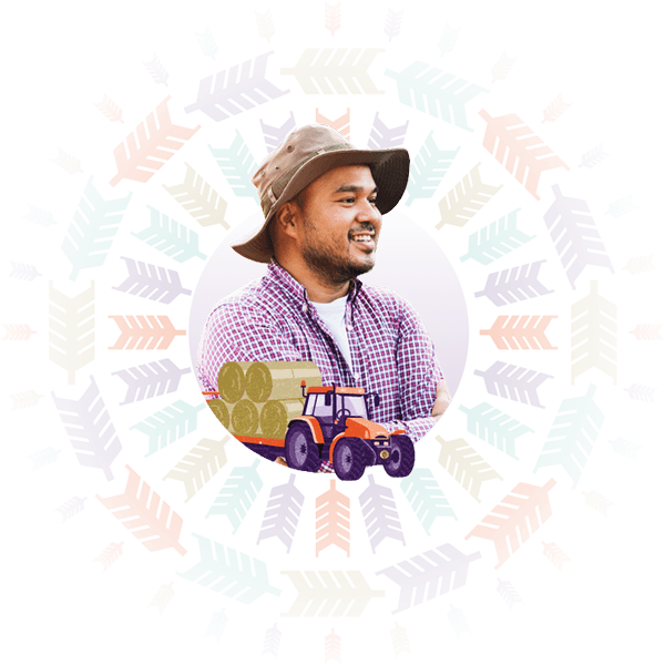 Smiling farmer in a hat with hay bales and tractor illustration, representing Hollard Agriculture Insurance cover