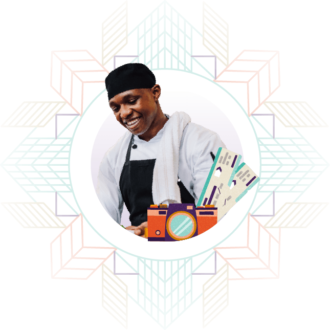 Chef with hospitality and travel elements, representing Hollard Hospitality and Tourism Insurance