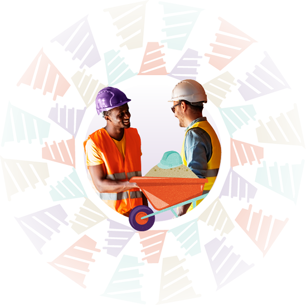 Construction workers in safety gear with wheelbarrow illustration, representing Hollard Trade and Construction insurance.