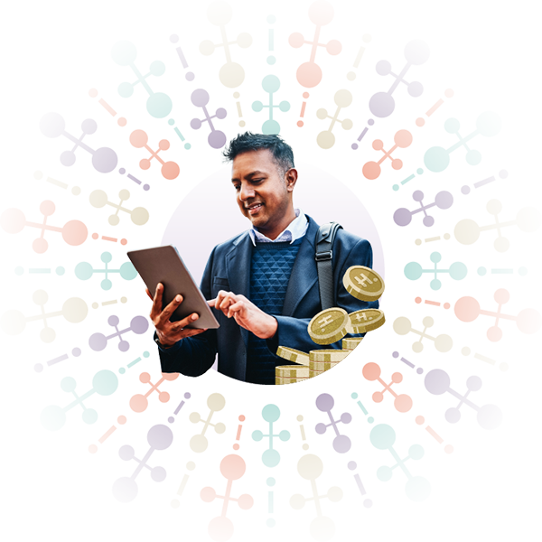 Business professional using a tablet with financial coins illustration, representing Hollard Trade Credit Insurance.