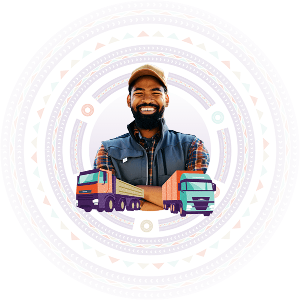 Truck driver with transport vehicles illustration, representing Hollard Trucking insurance.