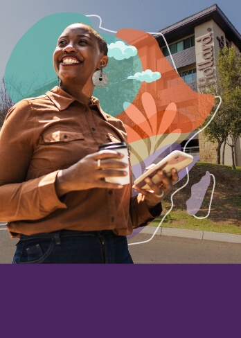 A Hollard representative with the Hollard building and African map behind her, representing Hollard International