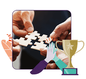 Various people working together to solve a jigsaw puzzle that represents Hollard's specialist corporate solutions