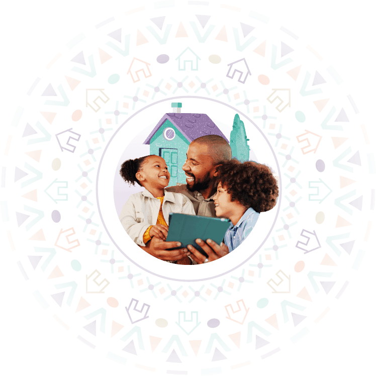 A family at home with a house illustration, representing Hollard Home Insurance