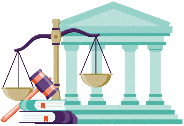 A law scale with a gavel on top of legal books and the court in the back, representing Hollard's Legal Expenses Cover