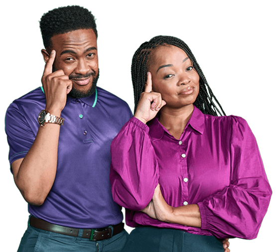 Two professionals smiling confidently with their index fingers on their temples, conveying a clever all-in-one insurance solution.