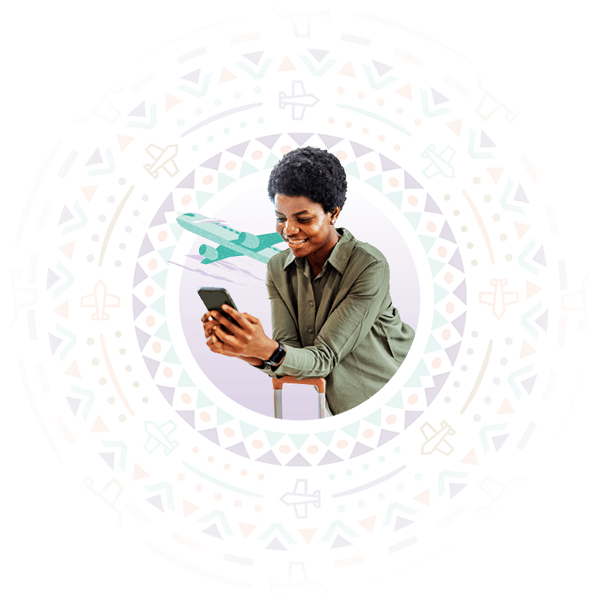 Hollard travel insurance showing traveller using mobile phone with luggage and global protection cover