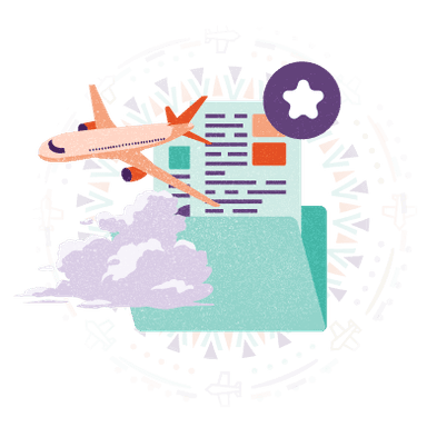Documents with an airplane and update icon, representing Hollard Travel Insurance existing claims