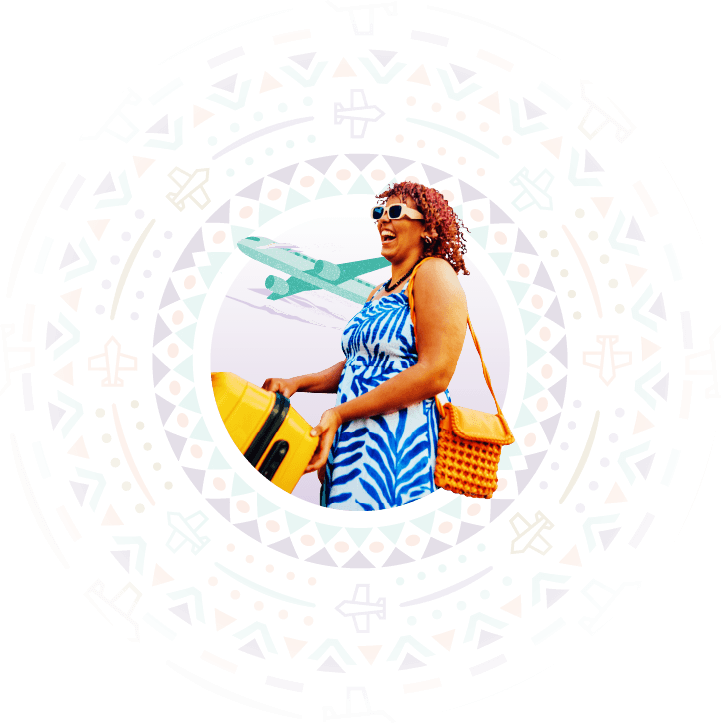 A woman holding her luggage with an airplane in the background, representing Hollard Travel Insurance