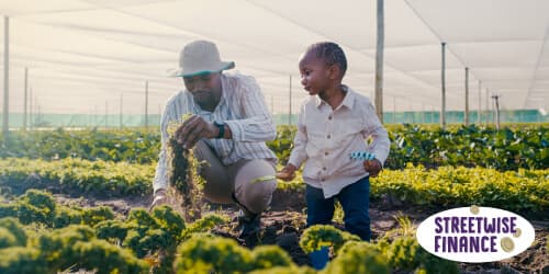 Farmer teaching a child to harvest vegetables in a rural field, illustrating Streetwise Finance projects that promote financial education and community empowerment across Mzansi.