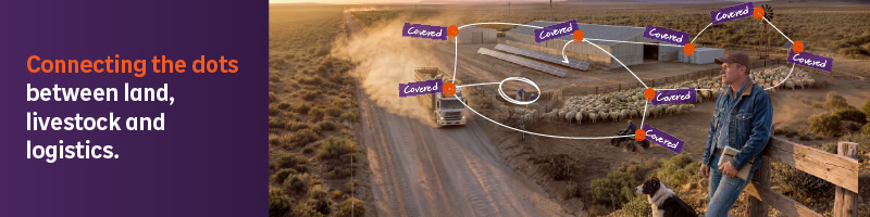 Agriculture Insurance banner with connecting dots showing coverage across land, livestock and logistics.