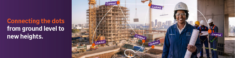 Construction & Engineering Insurance banner showing a construction site with interconnected coverage points representing protection across every stage of a project