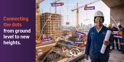 Construction & Engineering Insurance banner showing a construction site with interconnected coverage points representing protection across every stage of a project