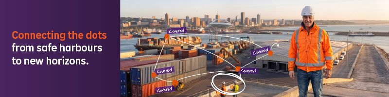 Hollard marine insurance banner with connecting dots showing coverage across ports, cargo and marine operations
