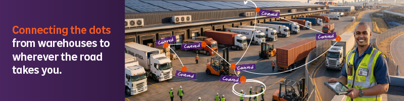 Trucking Insurance banner illustrating interconnected protection for warehouses, goods in transit and heavy haulage operations