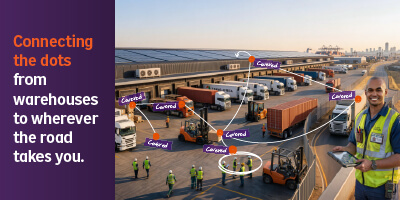Trucking Insurance banner illustrating interconnected protection for warehouses, goods in transit and heavy haulage operations