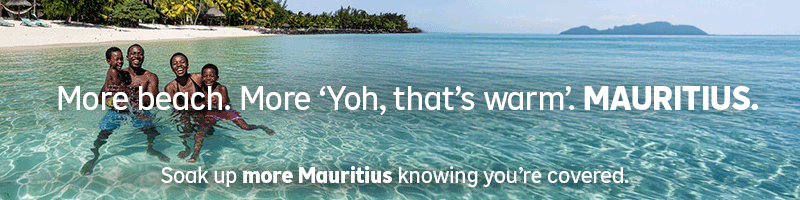 A Hollard Travel Insurance banner: "Soak up more Mauritius knowing you're covered"