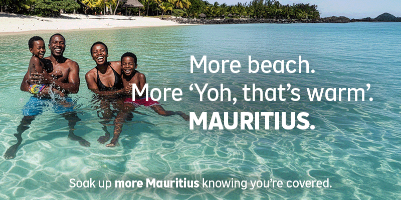 A Hollard Travel Insurance banner: "Soak up more Mauritius knowing you're covered"