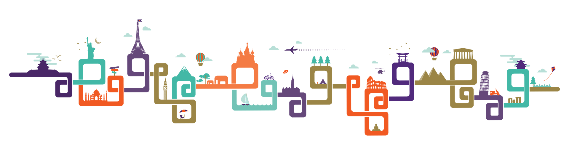 Illustration of planes and bicycles travelling to destinations protected by Hollard travel insurance
