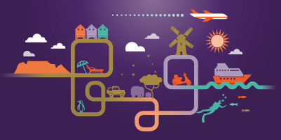 Illustration of ships and vehicles travelling to destinations protected by Hollard travel insurance