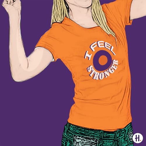 Illustration of a woman wearing an orange t-shirt that reads "I feel stronger".