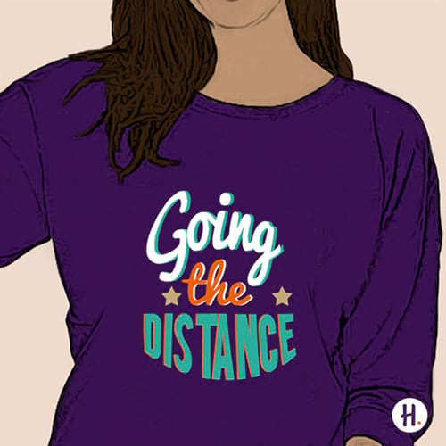Illustration of a woman wearing a purple t-shirt that reads "Going the distance".