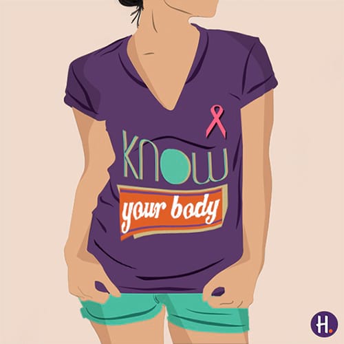 Illustration of a woman wearing a purple t-shirt that reads "know your body".